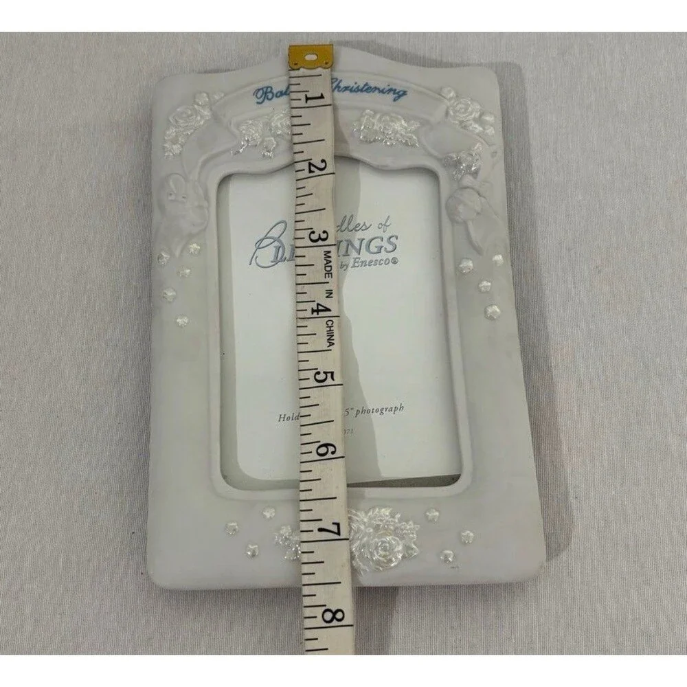 Enesco Baby's Christening Picture Frame Ceramic Porcelain Floral Ribbon Keepsake